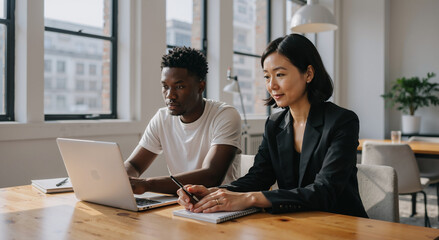 diverse colleagues collaborating on a laptop in a modern office space during work meeting