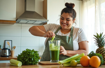 Hispanic woman prepares healthy green juice in her kitchen. Plus size latin woman in apron mixes vegetables for detox drink. She smiles preparing meal for diet.
