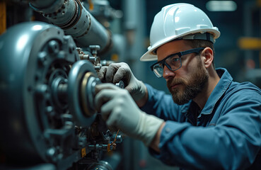 Male engineer wears hard hat, glasses, gloves. Works on complex industrial machine with focus. Man adjusts metal component in factory. Worker performs maintenance on heavy equipment with precision.
