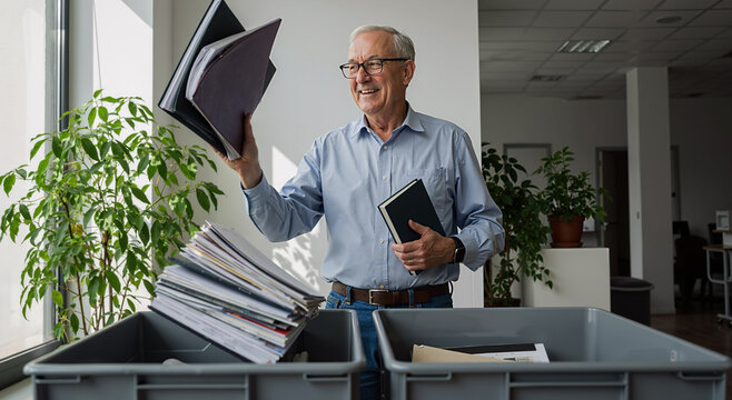senior man organizing documents joyfully in bright modern office with indoor plants