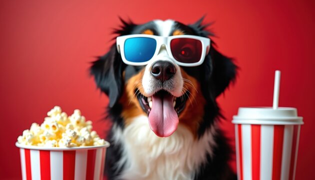 Happy dog wearing 3d glasses ready for movie watching. Cute Bernese mountain dog smiles. Popcorn and soda are near. Red background studio photo. - Powered by Adobe