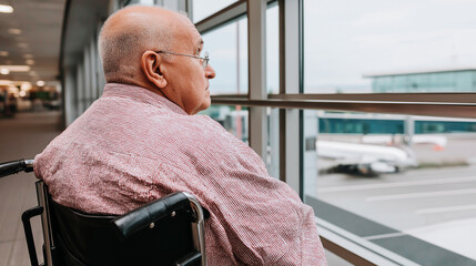 Senior man in a wheelchair waiting at the airport terminal. Elderly disabled passenger looking out the window before a flight. Travel and accessibility concept