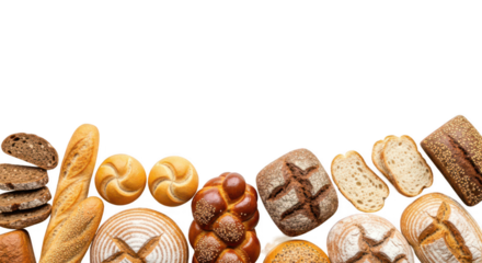 Lower border frame made from different kinds of bread — baguette, loaf, bun,  and rolls — isolated on white background. Perfect for bakery branding, restaurant menu, or food design