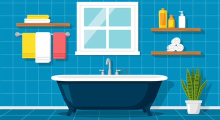 Cozy Bathroom Interior Illustration Featuring Bathtub, Shelves, and Window in a Blue-Tiled Room