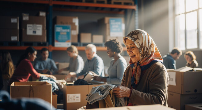 elderly woman volunteering at community center sorting clothes in a warm sunlit warehouse