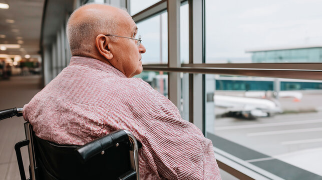 Senior man in a wheelchair waiting at the airport terminal. Elderly disabled passenger looking out the window before a flight. Travel and accessibility concept