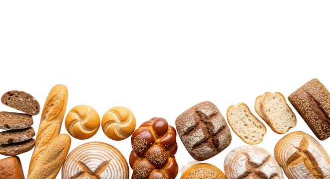 Lower border frame made from different kinds of bread — baguette, loaf, bun,  and rolls — isolated on white background. Perfect for bakery branding, restaurant menu, or food design.