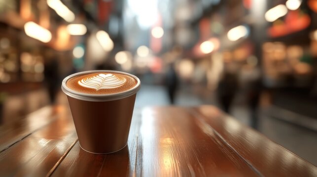 Latte in disposable cup on wooden table, city street blurred background