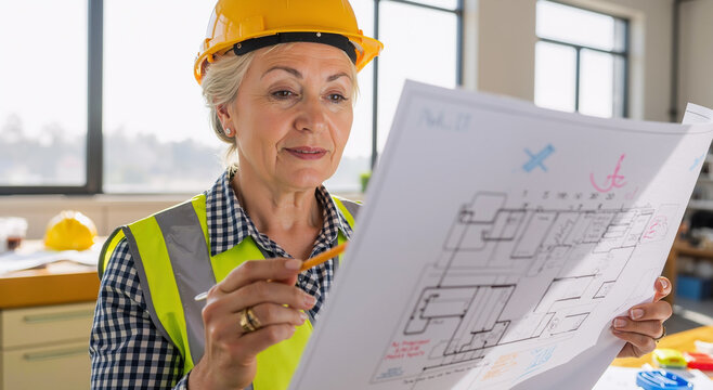 senior female engineer reviewing architectural plans in modern office with natural light