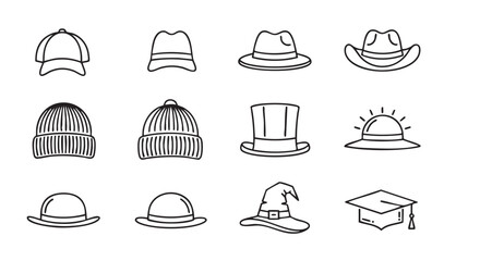 Fototapeta premium Variety of hat doodles including baseball cap beanie and bowler