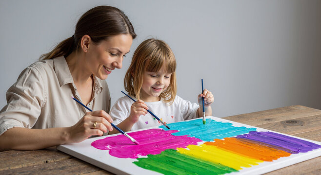 mother and daughter enjoying painting colorful rainbow on canvas at home