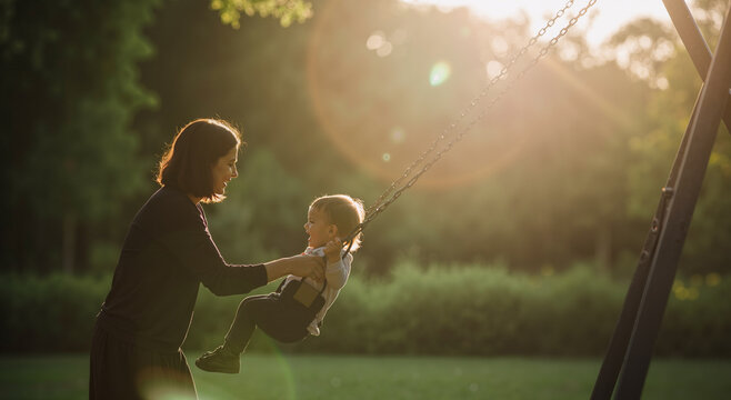 mother pushing toddler on swing in sunny park during golden hour, enjoying playful bonding