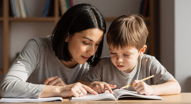 young woman helping curious child with homework at wooden desk in cozy home interior