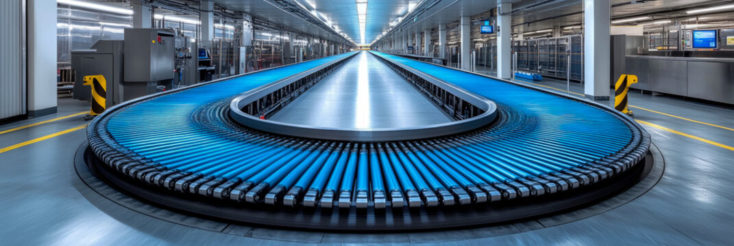 Sleek, automated high-tech logistics hub with vibrant blue roller conveyor system, showcasing efficiency and precision in modern parcel distribution and industrial automation.