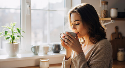woman enjoying morning coffee by a sunlit window in a cozy kitchen setting