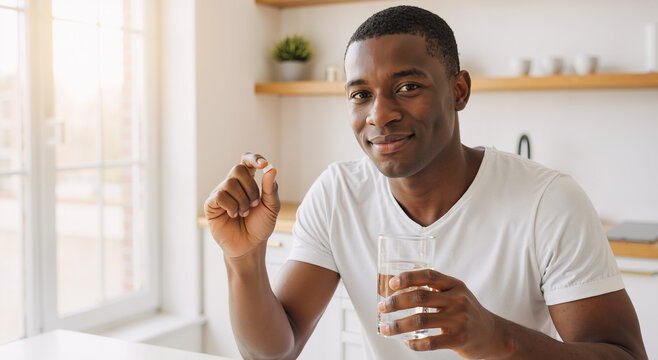 smiling young man holding a vitamin pill and glass of water in a bright modern kitchen