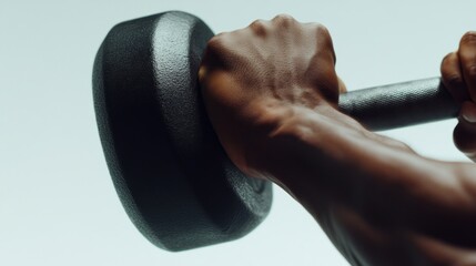 Close-up of dark-skinned hands gripping a dumbbell