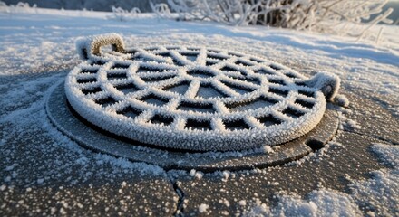 Urban communications exemplified by frost-covered manhole, photographed in close up, with intricate patterns creating contrast.