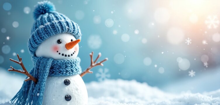 Smiling snowman wears blue knitted hat, warm scarf. Stands in deep snow outdoors. Falling snowflakes create festive winter holiday mood. Bokeh lights glow in bright blue background. Cute character