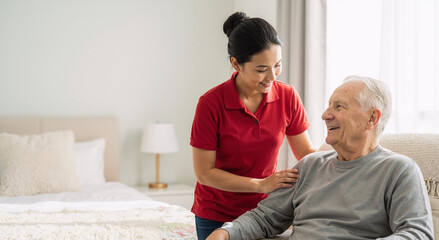 Fototapeta premium happy caregiver assisting elderly man in cozy bedroom setting with caring atmosphere