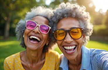 Two senior African American women smile, laugh happily. Wear bright colorful sunglasses, enjoy good time together in park setting. Friends share joyful outdoor moment on sunny day. Genuine happiness