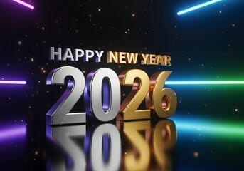 Happy New Year 2026 Celebration with Neon Lights.