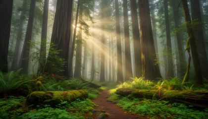 Naklejka premium Sunlight Streaming Through a Lush Redwood Forest Trail