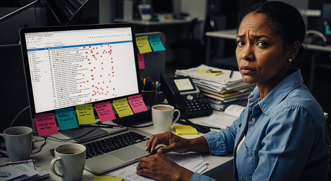 focused professional woman working late night in office with computer and paperwork