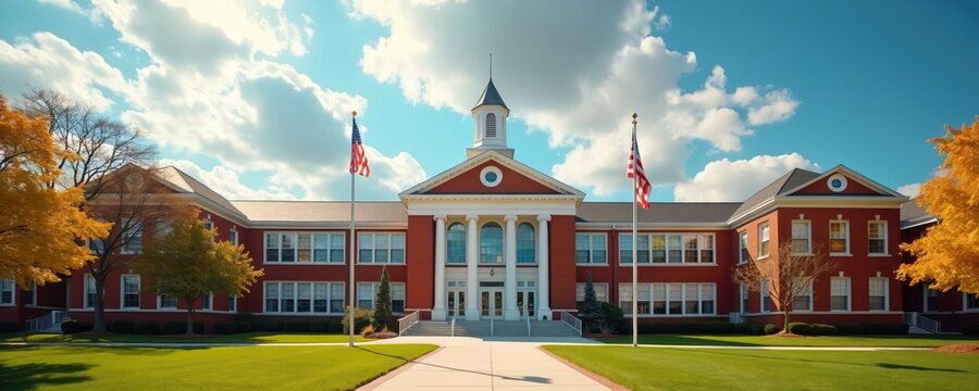 Red brick US school building with columns and American flags. Green lawn and autumn trees surround the academic campus. Blue sky with clouds above the educational institution.