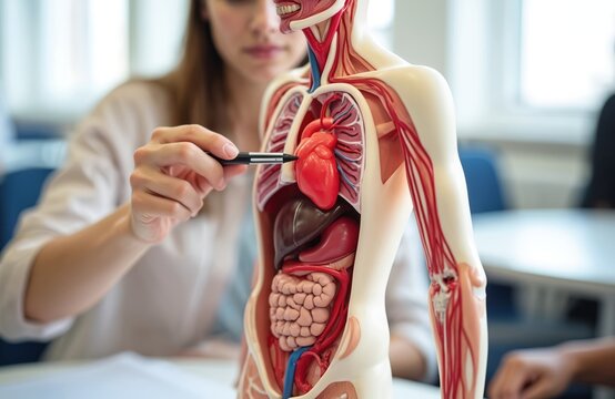 Female student examines human anatomy model closely. Uses pen to point at red heart organ, explaining vital function. Class dedicated to biology, medical studies. Young person learns about internal