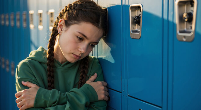 thoughtful young girl with crossed arms leaning against school lockers
