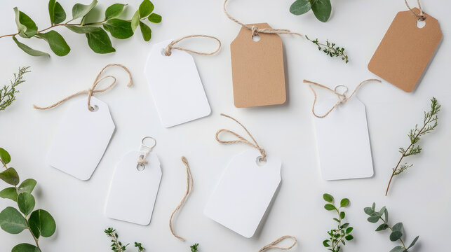 Flat lay composition featuring multiple blank customizable white and brown gift and product tags with rustic twine, elegantly complemented by fresh green botanical elements on minimalist white backgro