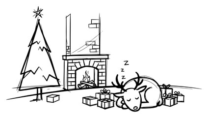 Sleeping Reindeer By Fireplace And Christmas Tree With Gift Boxes Cozy Vector Line Art Illustration