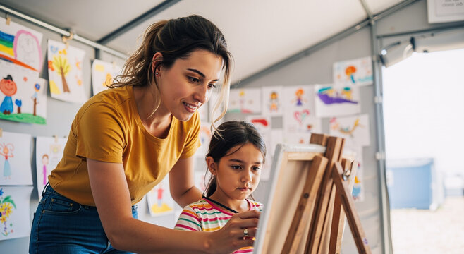 creative art teacher guiding young girl painting in a lively classroom setting