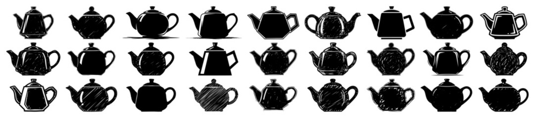 Teapot Silhouette Icons Set Hand Drawn Doodle Vintage Kitchen Vector Collection