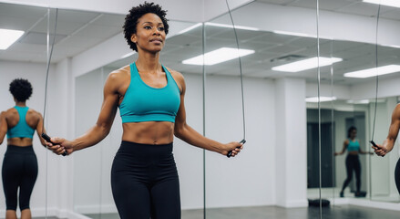 fit african american woman jumping rope in gym with determination and focus
