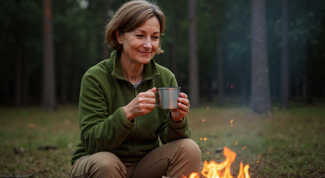 mature woman enjoying campfire with cup of tea in forest creating cozy atmosphere - Powered by Adobe