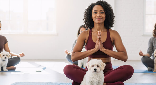 young woman practicing yoga with small dog in bright studio, promoting relaxation and mindfulness