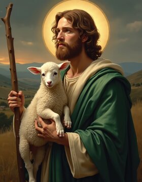 Illustration features a saintly figure with a lamb. The man holds a shepherd staff with a halo. The artwork is symbolic religious and spiritual.