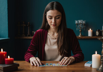 Fototapeta premium young woman focused on tarot card reading session in peaceful candlelit room