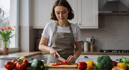 young woman slicing fresh vegetables in a modern kitchen for a healthy homemade meal