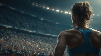 Tired happy woman runner taking rest after run sitting on the running track and smile. Summer evening time. Young athletic female jogger resting after training. Work hard rest harder. Copy space