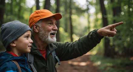 elderly man and young boy enjoying nature hike in lush green forest on a sunny day