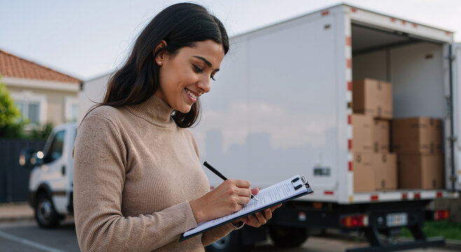 smiling delivery worker making notes on clipboard near moving truck on a sunny day