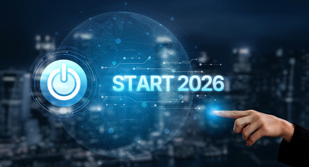 Start 2025 concept with futuristic power button symbolizing fresh beginnings, innovation, and...