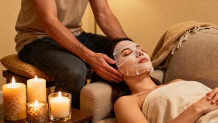 Woman receiving facial treatment while relaxing at home with candles  