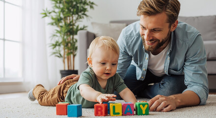 young father playing with toddler on floor using colorful alphabet blocks in cozy living room