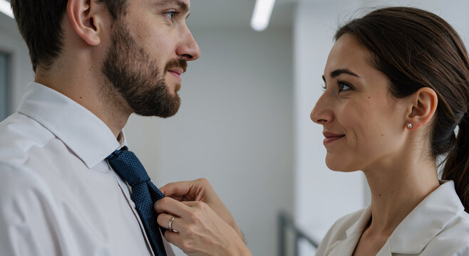 young woman adjusting man's tie in office setting, creating supportive professional atmosphere