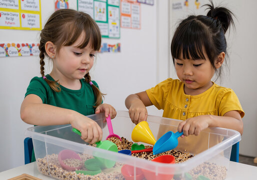 young children playing with grains and colorful funnels in an educational setting