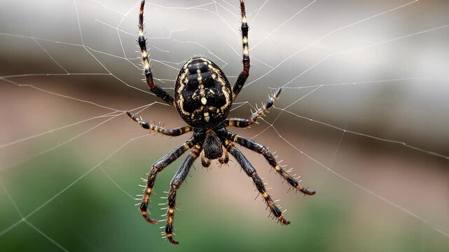 Closeup of orbweaver spider constructing web in natural setting
